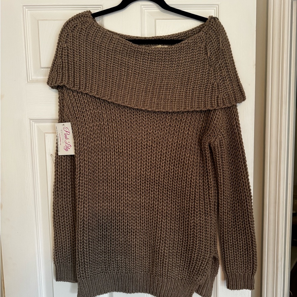 Pink Lily Brown Off-the-Shoulder Sweater Ribbed Knit